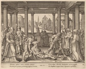 Homens devotos carregando Santo Estêvão para seu enterro de Philip Galle after Maerten van Heemskerck