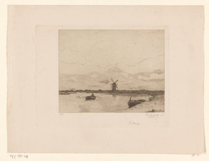 Navegue com um barco a remo em uma paisagem de prado com um moinho Paysage (título original) de Philip Zilcken (signed by artist)