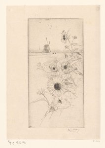 Girassóis para uma paisagem de prado com cavalos e moinho Eutude de tournesols (título original)