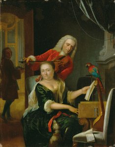 Retrato de um cavalheiro e sua esposa fazendo música em um interior (óleo no painel)