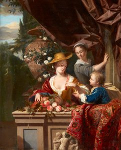 Figuras elegantes em um terraço com tigela de frutas sortidas (óleo no painel)