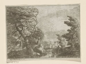 Paisagem tempestuosa com árvores junto a uma ponte sobre um rio de Philipp Hieronymus Brinckmann