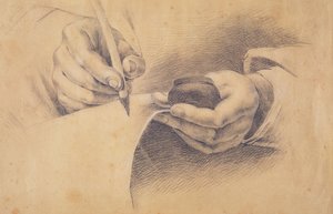 Drawing Hands, 1798 (giz preto aumentado com branco sobre papel pardo) de Philipp Otto Runge