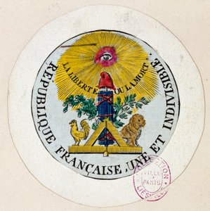 Revolução Francesa: o selo decora símbolos da República e da indústria freemaking. Gravura de Philippe Auguste Hennequin (1762-1833) 1792 Paris. Museu Carnavalet