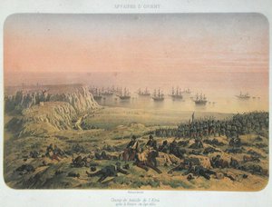 O campo de batalha em Alma após a vitória, 20 de Setembro de 1854 (cor litho) de Philippe Benoist