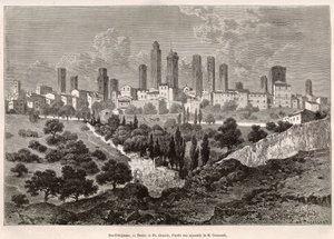 Vista de San Gimignano (Toscana, Itália). Gravura após o desenho de Ph. Benoist, para ilustrar a viagem à Toscana e Umbria, de Francis Wey, em 1875, publicado em "Le tour du monde" 1876, editado por Edouard Charton, edição Hachette, Paris. Selva