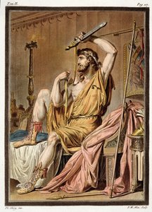 Agamenon, figurino para &39;Iphigenia in Aulis&39; de Jean Racine, de Volume II de &39;Investigação sobre os figurinos e o teatro de todas as nações&39;, gravado por Pierre Michel Alix (1762-1817) 1802 (gravura colorida