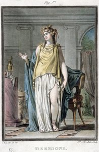 Hermione, fato de «Andromaque» de Jean Racine, de «Investigação sobre os trajes e o teatro de todas as nações», gravado por Pierre Michel Alix (1762-1817) 1802