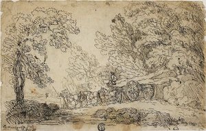 Transporte de troncos numa floresta (frente); esboços de pessoas em várias actividades (verso) de Philippe Jacques de Loutherbourg II