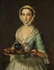 Uma jovem segurando uma bandeja de chá, possivelmente Hannah, a empregada do artista.