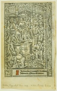 O Martírio de São João Evangelista (reto) e Calendário de dezembro (verso), do Livro de Horas de Philippe Pigouchet