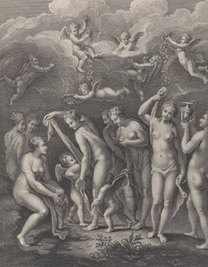 Hera, Afrodite e Atena se preparando para o concurso de beleza diante de P..., ca. 1729-40. de Philippe Simonneau