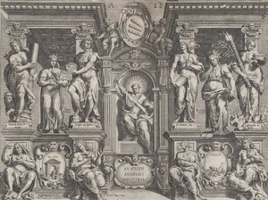 Impressão de tese alegórica com várias figuras, inserida numa estrutura arquitetónica, 1608.