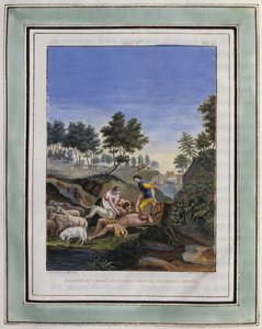 Daphnis e Chloe libertam Dorcon dos seus cães. Desenho de Philippe d