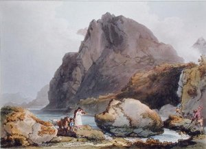 Llyn Ogween, de "The Romantic Picturesque Scenery of England and Wales", publicado em 1805 (gravação a cores)