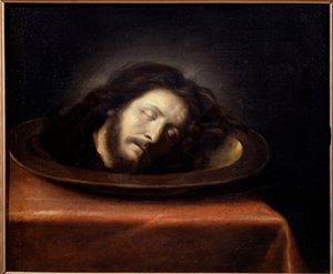 Chefe de Saint Jean Baptiste colocado sobre uma pintura plana da escola de Philippe de Champaigne (1602-1674) do século XVII. Magny les Hameaux, Musee de Port Royal des Champs - Cabeça de São João Baptista colocada sobre uma travessa. Pintura pela escola d de Philippe de (school of) Champaigne