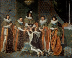 Recepção por Luís XIII (1601-1643) de Henrique II de Orleans, Duque de Longueville e Estouville, Príncipe Soberano de Neufchatel (1595-1663) Cavaleiro da Ordem do Espírito Santo 15/05/1633 Luís XIII é cercado por Claude Bartillier, Grande Tesoureiro de t de Philippe de Champaigne