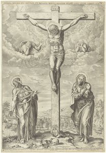 Cristo na cruz flanqueado por Maria e João numa paisagem de Philippe de Soye