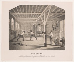 Vista no salão de esgrima e ginástica da empresa estudantil Olympia The Hall of Olympia (título no objeto) de Philippus Anthonius Alexander Kanne
