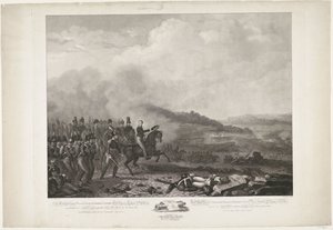 Príncipe de Orange liderando as tropas holandesas na Batalha de Quatre-Bras, 1815 Sua Alteza Real William, George, Frederik, Lodewijk, Príncipe Herdeiro do Reino dos Países Baixos à frente dos holandeses contra o exército francês por Quatre-B de Philippus Velijn
