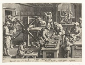Produção de gravuras em cobre Scvlptvra em aes (título no objeto) Novas invenções e descobertas (título da série) Nova Reperta (título da série) de Philips Galle (attributed to workshop of)
