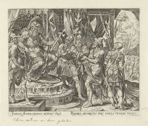 Achior para Holofernes História de Judit e Holofernes (título da série) de Philips Galle
