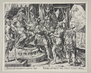 Achior suplicando a Holofernes pelos israelitas de Philips Galle