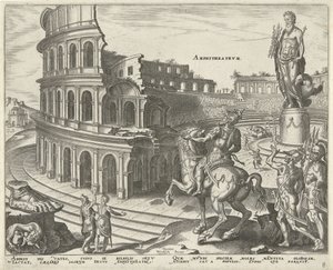 Coliseu em Roma
Amphitheatrvm (título sobre o objecto)
As oito maravilhas do mundo. (título da série) de Philips Galle
