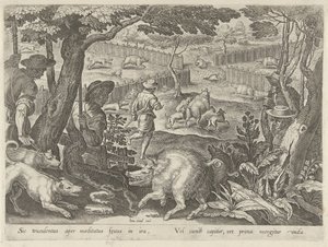 Drijfjacht op zwijnen Jachttaferelen (título da série) Em que todo tipo de caça, caça e pesca (título da série) de Philips Galle