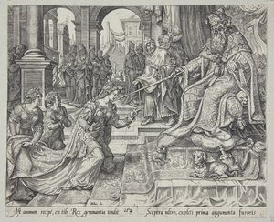 Ester diante de Assuero, convidando-o para um banquete de Philips Galle