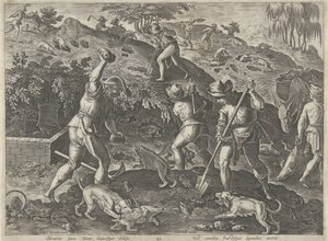 Jacht op dassen Jachttaferelen (título da série) Em que todo tipo de caça, caça e pesca (título da série) de Philips Galle