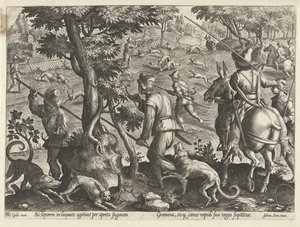 Jacht op hazen Jachttaferelen (título da série) Em que todo tipo de caça, caça e pesca (título da série) de Philips Galle