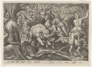 Jacht op olifante Jachttaferelen (título da série) Em que todo tipo de caça, caça e pesca (título da série) de Philips Galle