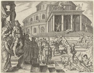 O rei Josias manda retirar os cavalos e carruagens em homenagem ao sol História do Rei Josias (título da série) de Philips Galle