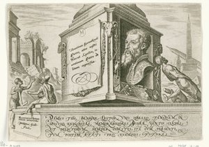 Retrato de Maarten van Heemskerck no pedestal de uma coluna
Os dias da desgraça do povo judeu (título da série) de Philips Galle