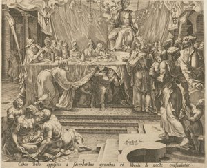Os sacerdotes de Bel comem e bebem no templo [página 4] e Daniel alimenta o dragão [página 7], páginas 4 e 7 da série «A história de Daniel, Bel e o dragão» de Philips Galle