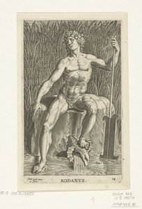 Riviergod Rhone Rodanvs (título no objeto) Rivier- en zeegoden (título da série) Retratos elegantes dos semideuses marinhos e das focas Amnicus (título da série) de Philips Galle