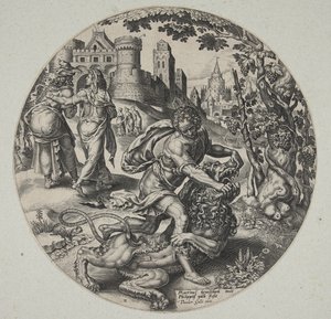 Sansão rasgando o leão de Philips Galle