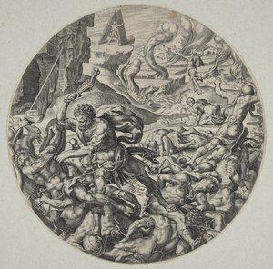 Sansão ferindo os filisteus com a queixada de um jumento