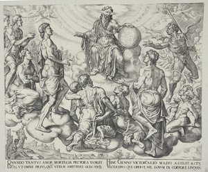 Satanás desafiando o senhor a remover sua proteção de Jó de Philips Galle