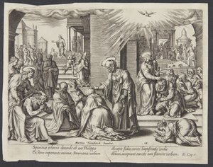 São Pedro, São João e São Filipe impondo as mãos sobre os batizados em Samaria de Philips Galle