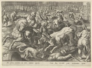 Tourada
Cenas de caça (título da série)
Em quibus omne genus venationis, aucupij, piscatusque (título da série) de Philips Galle
