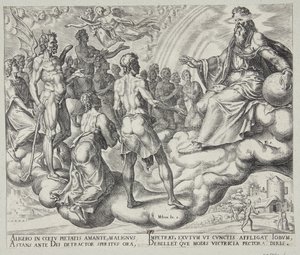 Os filhos de Deus, Satanás, entre eles, apresentam-se perante o Senhor de Philips Galle