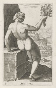 A ninfa da água Arethusa Arthvsa (título no objeto) Stroom en waternimfen (título da série) Ninfas Oceanitid, ephidrid potamidus naiad (título da série) de Philips Galle