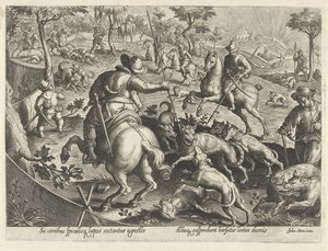 Wolvenjacht encontrou a esperança Jachttaferelen (título da série) Em que todo tipo de caça, caça e pesca (título da série) de Philips Galle