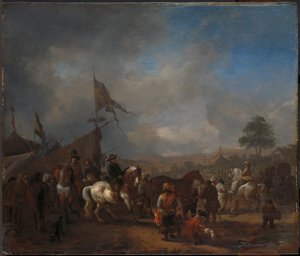 Uma feira de cavalos perto de um acampamento do exército de Philips Wouwerman