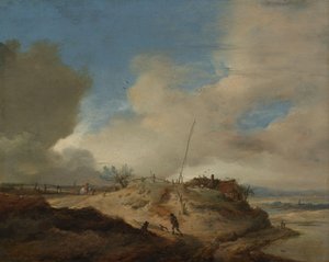 Paisagem de dunas com um poste de sinalização de Philips Wouwerman