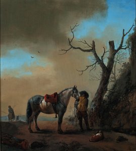 Paisagem com um cavalo branco e cavaleiro desmontado, c.1647