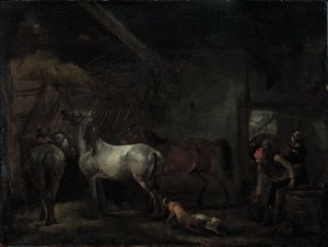 Estábulo com três cavalos de Philips Wouwerman