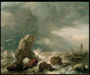Mar tempestuoso com três navios em perigo de Philips Wouwerman